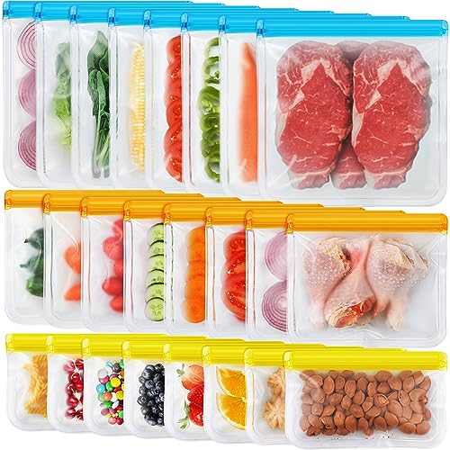 24 Pack Dishwasher Safe Reusable Silicone Bags – Leakproof Freezer Bags, BPA Free Food Storage for Lunch, Marinate, Travel – 8 Gallon, 8 Snack, 8 Sandwich Bags
