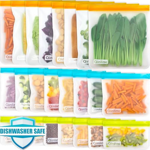 Reusable Food Storage Bags – 24 Pack Freezer Bags, Reusable Bags Silicone, Extra Thick Leakproof Reusable Lunch Bag for Salad Fruit Marinate Meats – 8 Gallon 8 Sandwich 8 Snack Bags