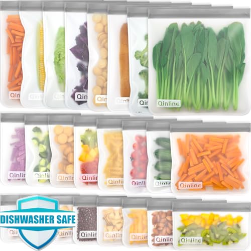 Reusable Food Storage Bags – 24 Pack Freezer Bags, Reusable Bags Silicone, Extra Thick Leakproof Reusable Lunch Bag for Salad Fruit Meats Travel – 8 Gallon 8 Sandwich 8 Snack Bags