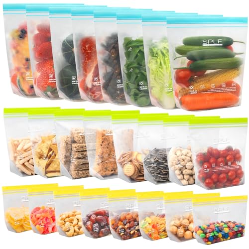 SPLF 24 Pack Reusable Food Storage Bags Dishwasher Microwave Safe, BPA Free Reusable Freezer Bags, Silicone Free Containers for Meal Prep, Fridge Kitchen Organization – 8 Gallon 8 Sandwich 8 Snack