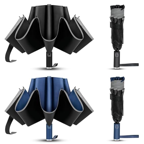 VOUUY 2-Pack Travel Umbrella, Unbreakable 10 RIBS, Windproof Umbrellas for Rain & Sun, Automatic, Foldable Reverse Rain Umbrella for Women Men