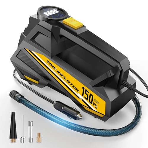 Tire Inflator Portable Air Compressor – DC 12V Air Pump for Car Tires with 150PSI LCD Digital Gauge & Emergency LED Light,Auto Tire Pump for Cars,Motorcycles,Bikes,Balls