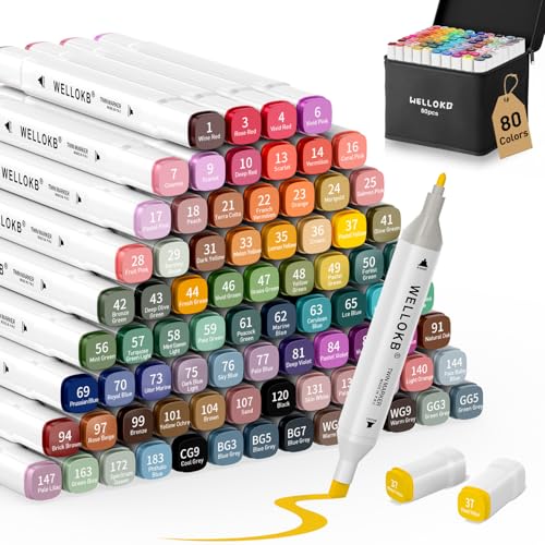 WELLOKB Alcohol Markers, 80 Colors Dual Tip Permanent Art Markers for Adult Coloring Book, Painting, Drawing, Alcohol Based with Carrying Case for Adult Kids