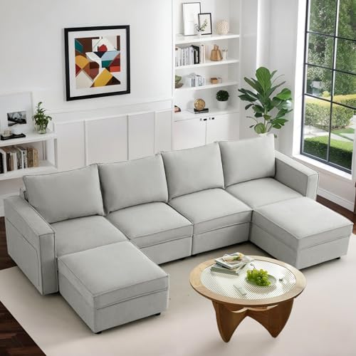 ABAKAN 114″ Modular Sectional Sofa with Storage, U Shaped Sofa Couch for Living Room, 6-Seater Modern Comfy Modular Sofa with Movable Ottoman,Removable Cushion Cover, Linen, Grey