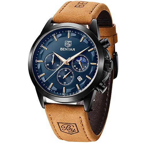 BY BENYAR Mens Watches Analog Quartz Chronograph Waterproof Wrist Watches for Men Fashion Business Work Casual Sport Designer Dress Watch with Calendar Elegant Gifts for Men