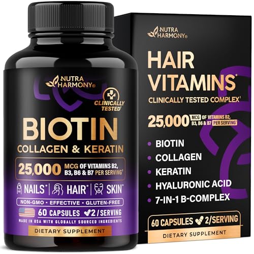 Biotin | Collagen | Keratin – Clinically Tested Supplement – Hair Growth Support, Skin & Nails – 25000 mcg Vitamins B2, B3, B6 & B7 + B1 & Hyaluronic Acid – Made in USA – Women & Men | 60 Capsules