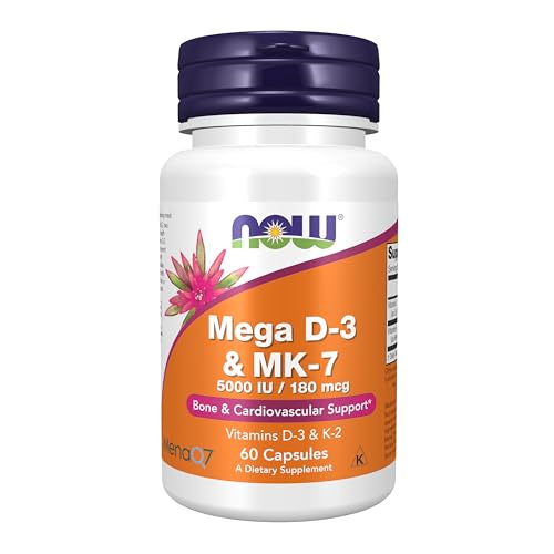NOW Foods Supplements, Mega D-3 & MK-7 with Vitamins D-3 & K-2, 5,000 IU/180 mcg, Bone & Cardiovascular Support*, 60 Veg Capsules