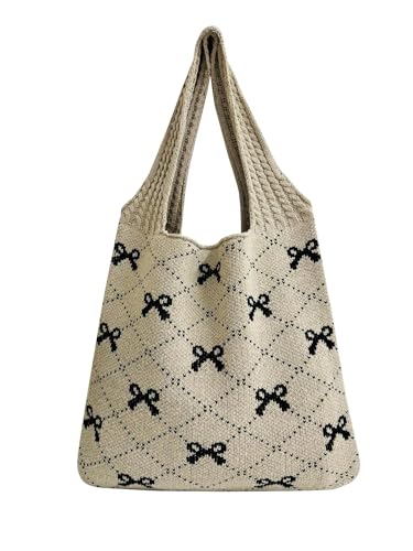 TEBIEKOY Crochet Tote Bag for Women, Bow Aesthetic Knitted Boho Shoulder Handbag, Cute Travel Tote
