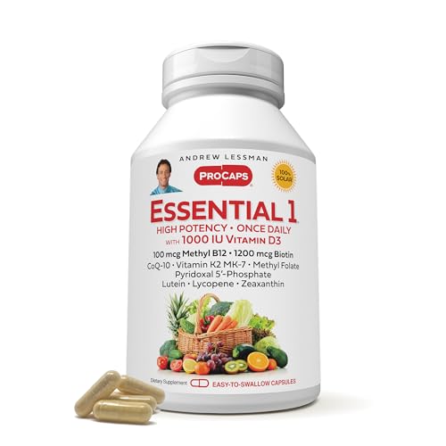 ANDREW LESSMAN Essential-1 Multivitamin 3000 IU Vitamin D3 Small Capsules – 100 mcg Methyl B12. CoQ10 Lutein Lycopene Zeaxanthin. High Potency. No Additives. Ultra-Mild. One Daily Capsule